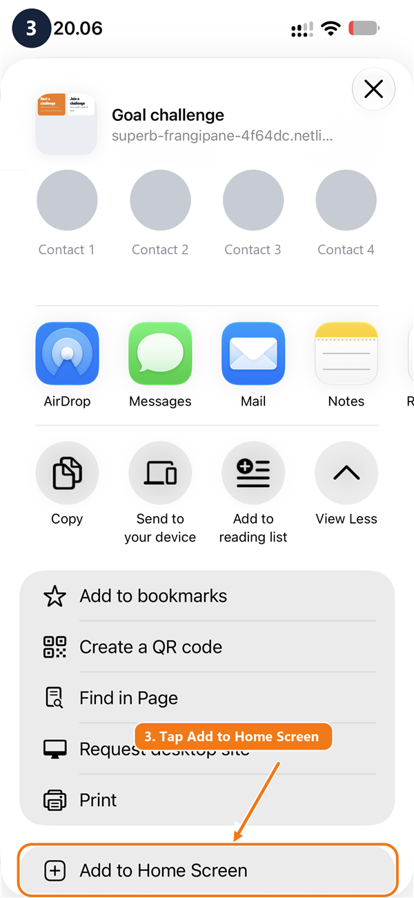 The expanded share sheet with Add to Home Screen circled at the bottom