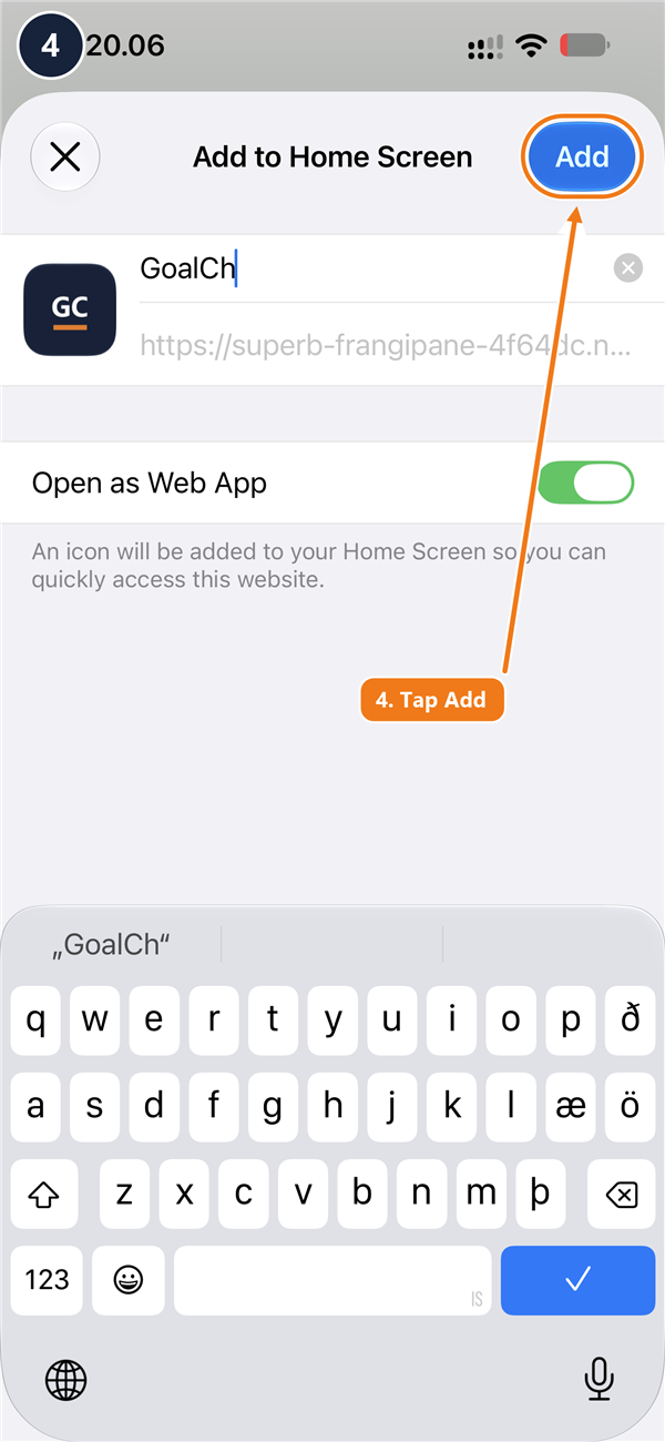 The Add to Home Screen screen with the Add button circled